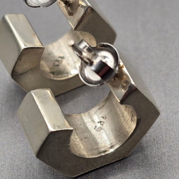 Sterling Silver Geometric C-Hoop Earrings Bold .75" Modern Hexagon Design - Picture 7 of 13